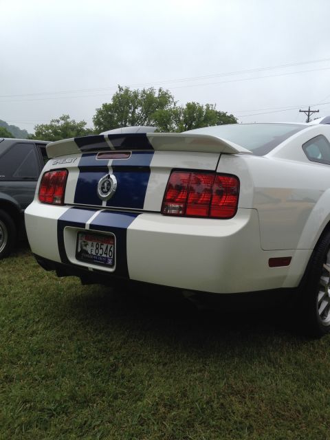 2007 Ford Mustang - White 2007 Ford Mustang with blue racing stripes parked on grass.