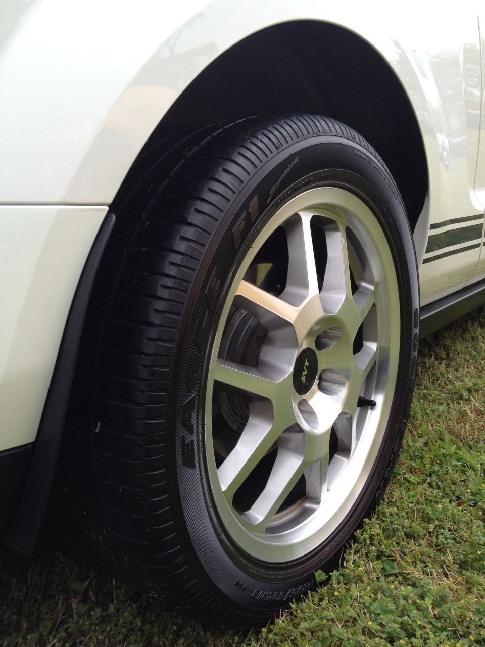 Close-up of a silver SVT wheel and Eagle tire on a white car with black stripe