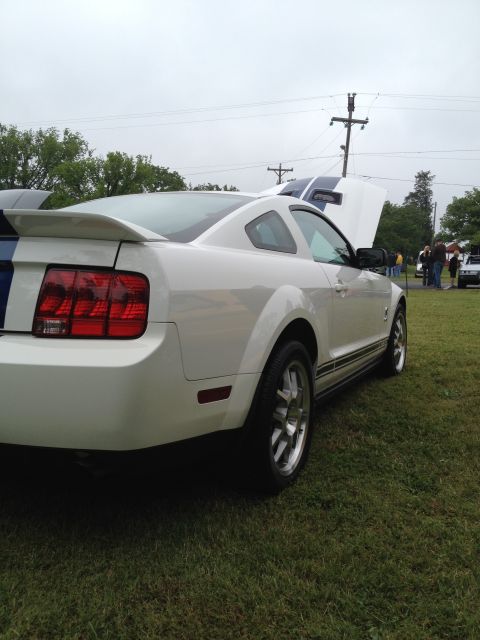 2007 Ford Mustang - A white 2007 Ford Mustang with blue racing stripes is parked on a grassy field with its hood open.