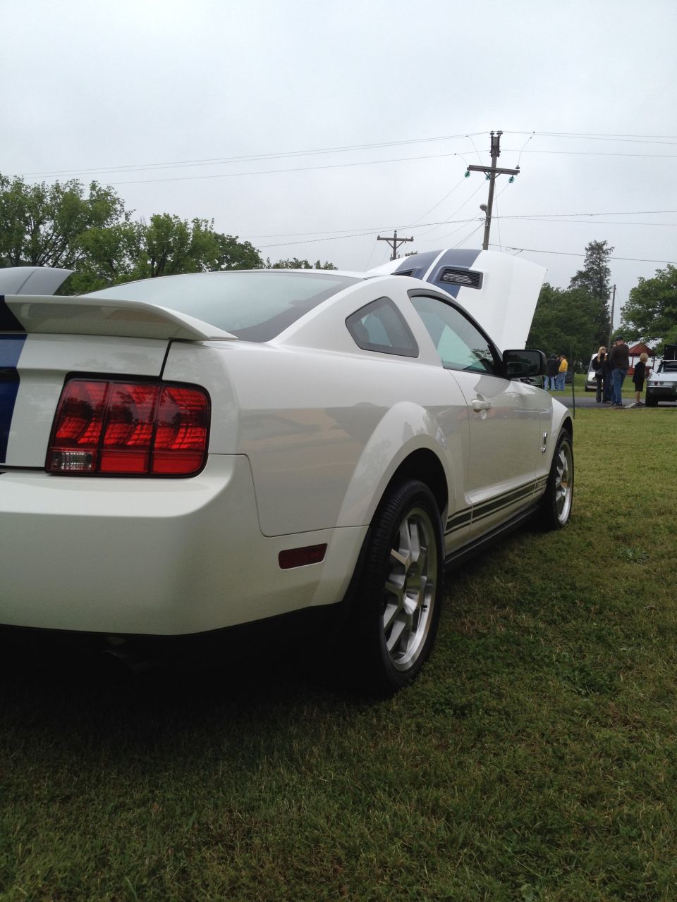 White 2007 Ford Mustang coupe with blue racing stripes, hood open, parked on grass