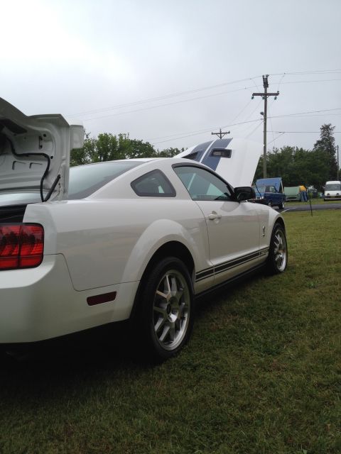 2007 Ford Mustang - A white Ford Mustang coupe with racing stripes is parked on grass, with its hood and trunk open.