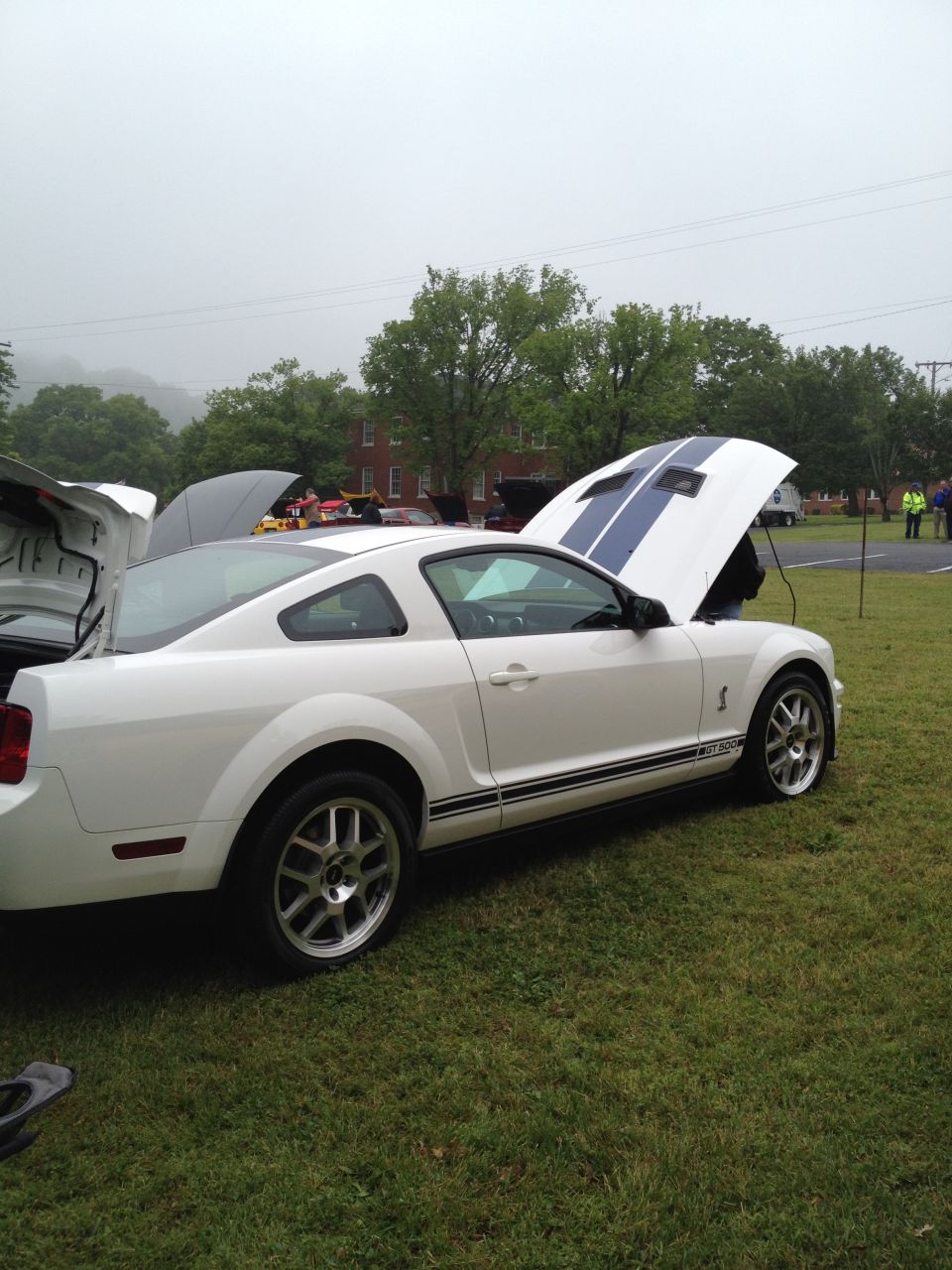 White 2007 Ford Mustang with blue racing stripes on hood, 3q-front view