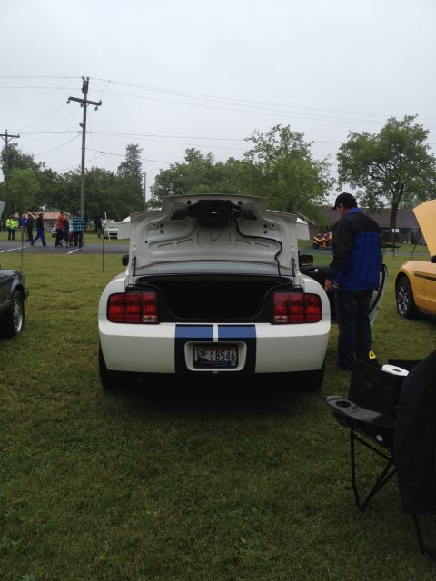 2007 Ford Mustang - Rear view of a white Ford Mustang with blue racing stripes, trunk open, at an outdoor car show.