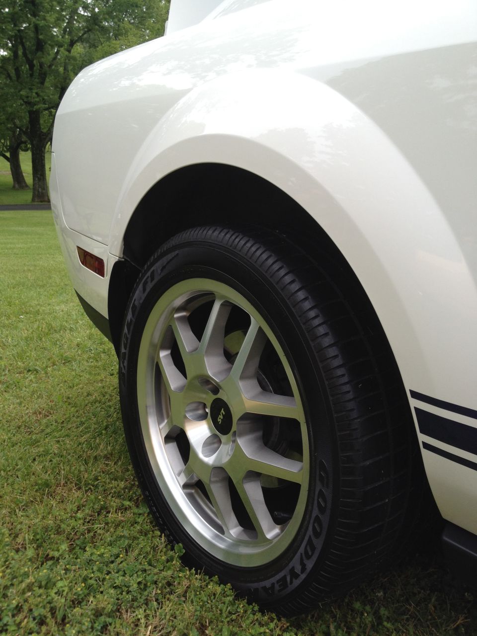 White 2007 Ford Mustang rear quarter panel with black stripe and SVT wheel