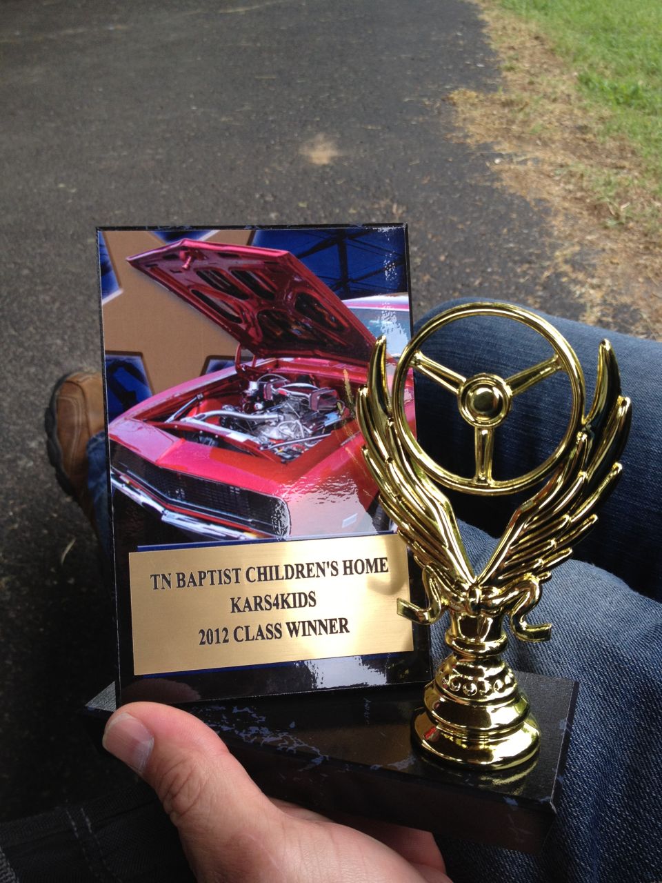 Trophy with image of red classic car engine bay, 2012 Class Winner