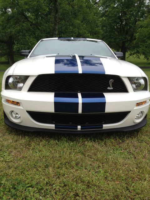 2007 Ford Mustang - Front view of a white 2007 Ford Mustang Shelby GT500 with dual blue racing stripes.