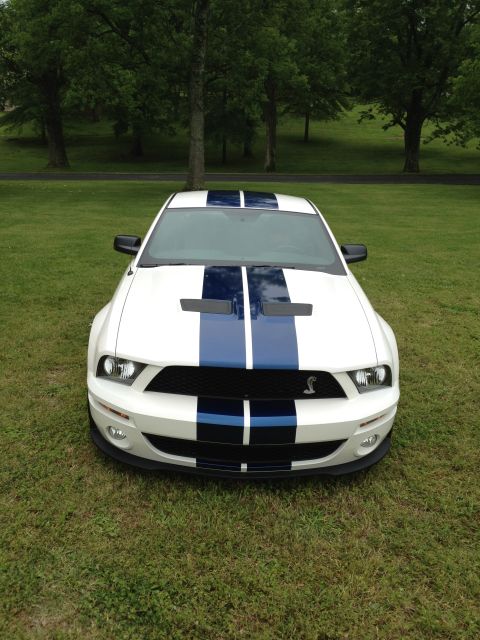 2007 Ford Mustang - A white Ford Mustang with blue racing stripes is parked on a grassy lawn with trees in the background.