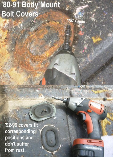 1983 Ford Bronco - Early body mount bolt covers are steel, screwed down. But the jute backing usually holds water and rusts the screw heads off. Swapping to t…