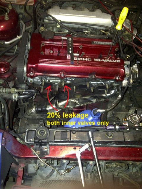1995 Ford Probe - Close-up of an engine bay, highlighting a red valve cover and annotated with text indicating valve leakage.