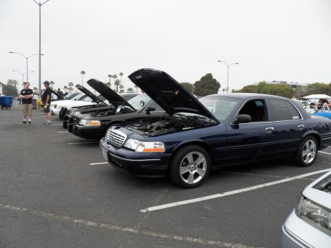 2003 Ford Crown Victoria - Blue Crown Victoria on staggered alloy wheels sits hood-up in a parking lot lineup of sedans.