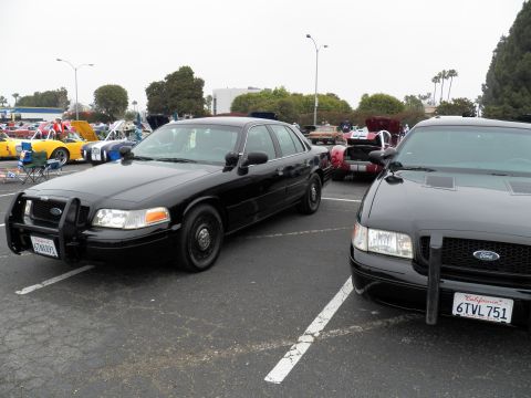 2003 Ford Crown Victoria - Pair of black Crown Victorias parked nose-out, the right car showing plate 6TVL751.