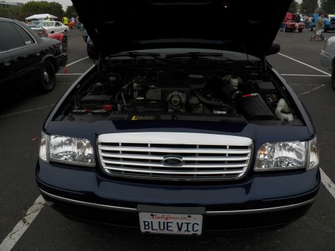 2003 Ford Crown Victoria - Front view of a navy Crown Victoria, hood raised, engine bay visible, plate reads BLUE VIC.