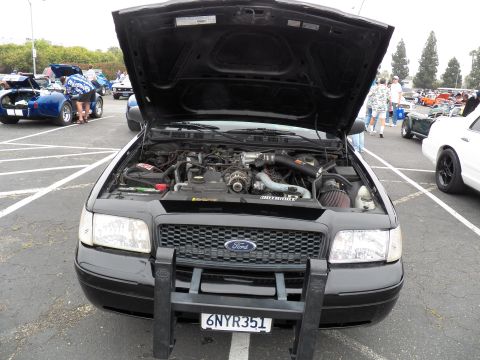 2003 Ford Crown Victoria - Black Crown Victoria interceptor, hood up, brush guard fitted, California plate 6NYR351.
