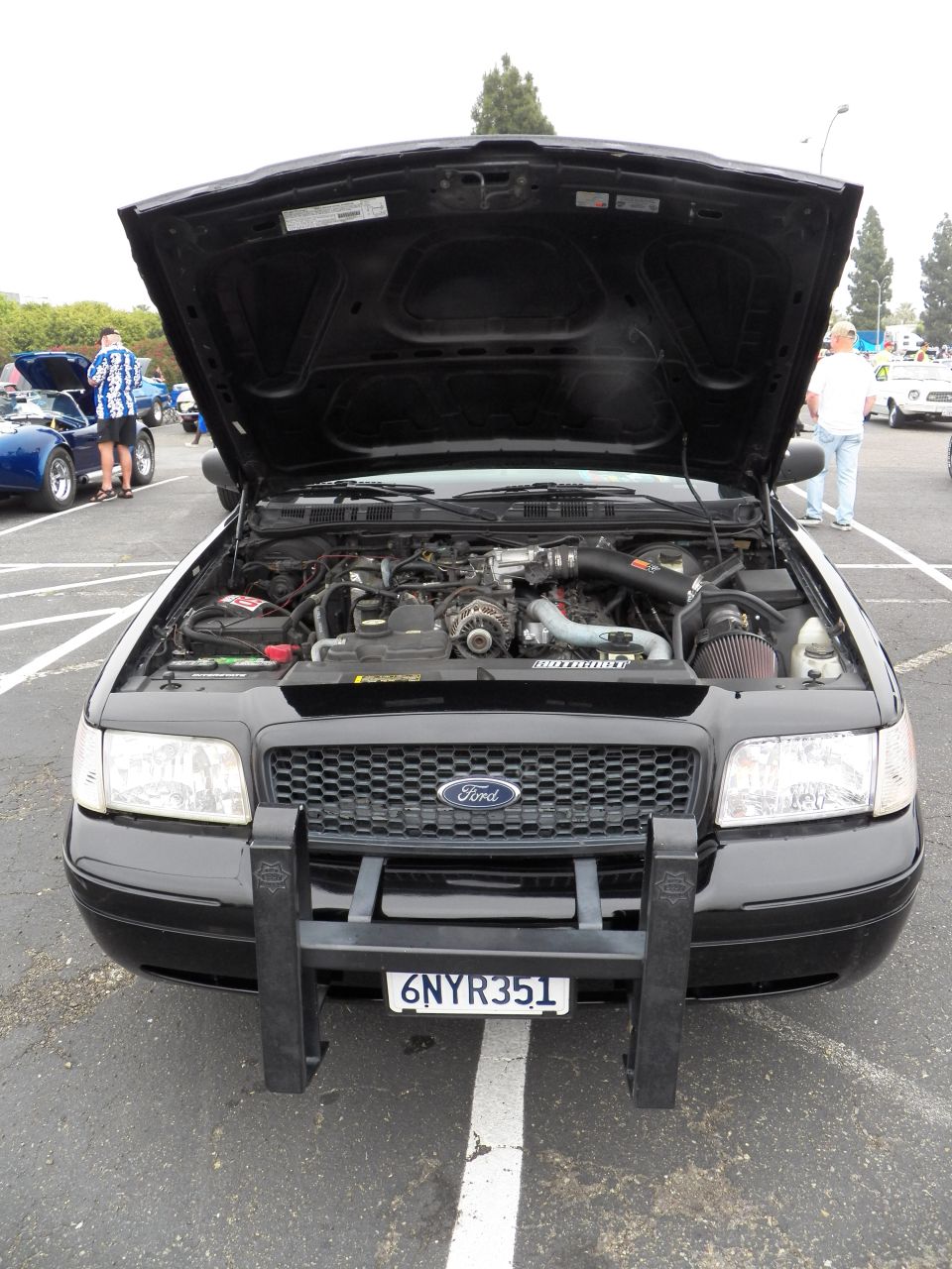 Black Ford Crown Victoria engine bay and grille, 6NYR351 California license plate