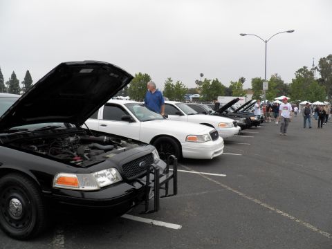 2003 Ford Crown Victoria - Line of Crown Victorias with raised hoods under overcast sky, vendor tents behind.