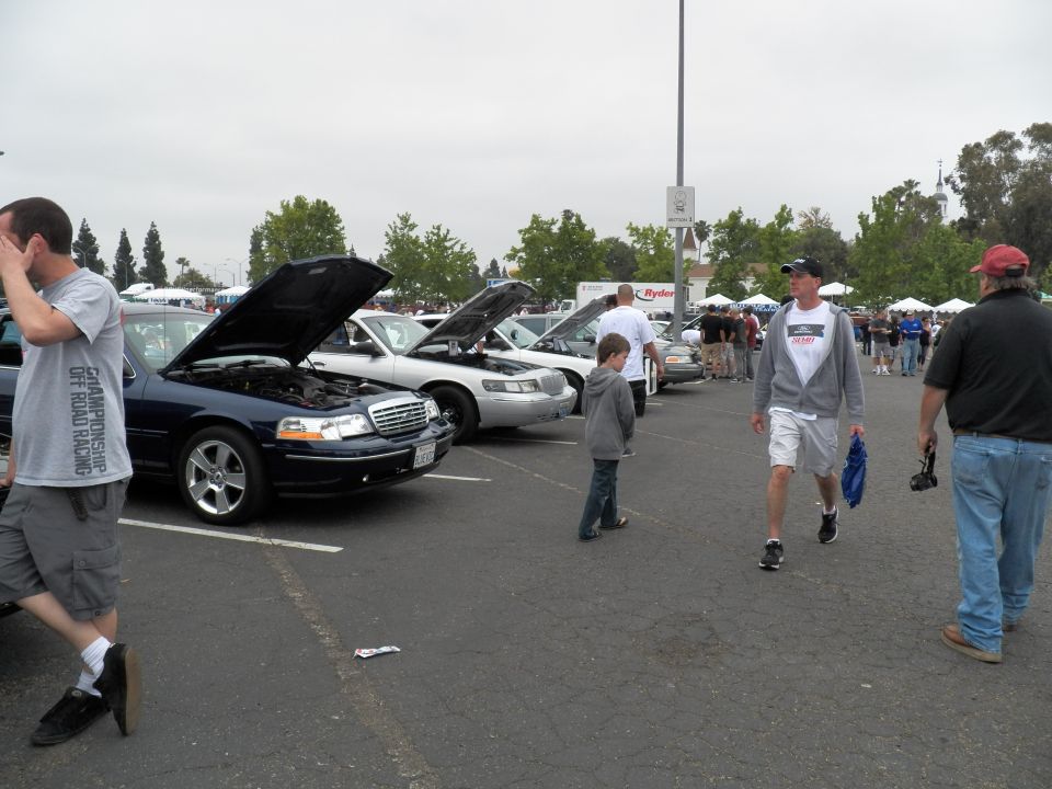 Row of Ford Crown Victoria sedans with hoods up and attendees at outdoor car show