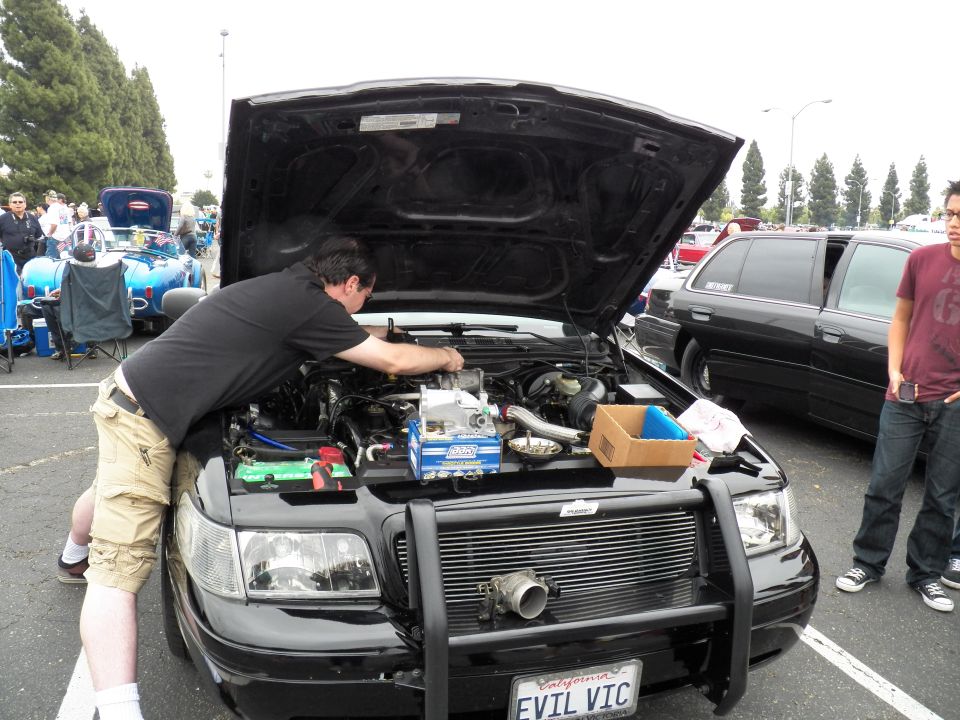 Man reaching into engine bay of black sedan with EVIL VIC plate and push bar