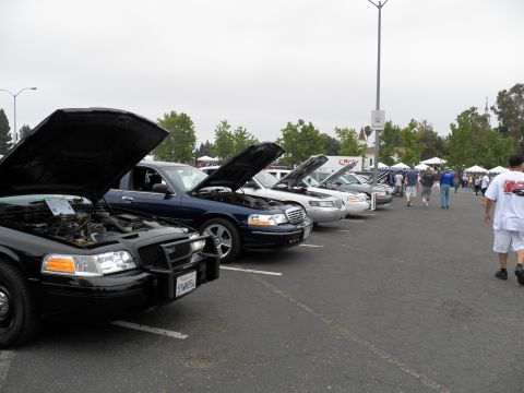2003 Ford Crown Victoria - black Ford sedan with front push bar opens a row of hood-up vehicles at a parking-lot meet.