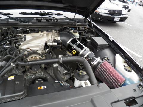 2003 Ford Crown Victoria - Side angle of a V8 engine bay showing an aftermarket intake routing and red cone air filter