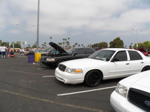 2003 Ford Crown Victoria - White Ford Crown Victoria police-style sedans on black steel wheels parked among show cars under cloudy sky