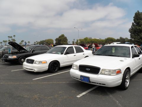 2003 Ford Crown Victoria - pair of white Ford Crown Victoria sedans with blacked-out wheels parked side by side at a car meet