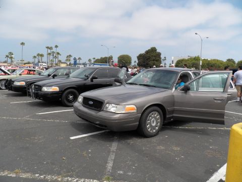 2003 Ford Crown Victoria - Several Crown Victorias lined up, gray Ford in front with door open and Ford grille badge visible