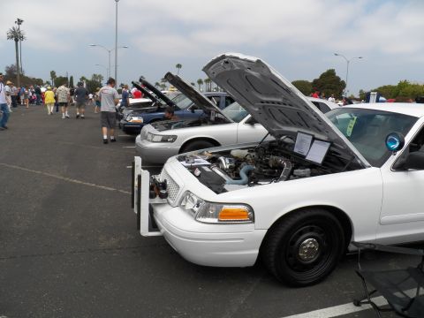 2003 Ford Crown Victoria - White Crown Vic engine bay exposed in a lineup of open-hood sedans, spectators walking the lot