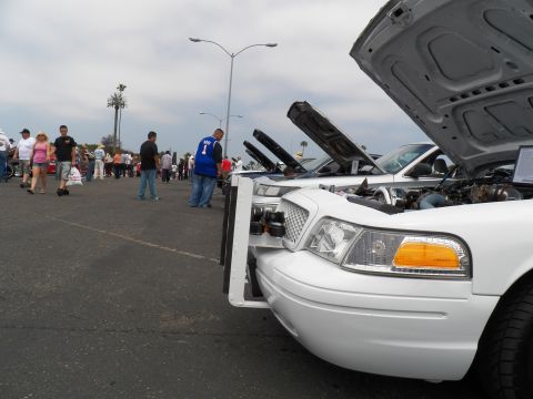 2003 Ford Crown Victoria - Close low-angle on white Crown Vic headlight and amber indicator, crowd of show-goers behind