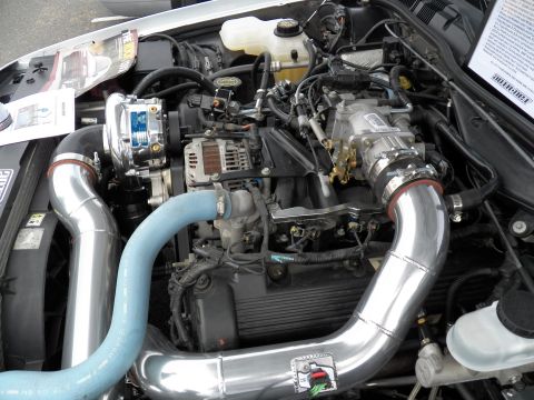 2003 Ford Crown Victoria - Detailed V8 engine bay showing centrifugal supercharger, blue hose and dual polished intake tubes