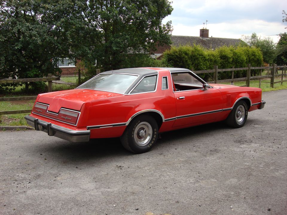 1977 Ford Thunderbird coupe, red with black vinyl roof, parked outdoors