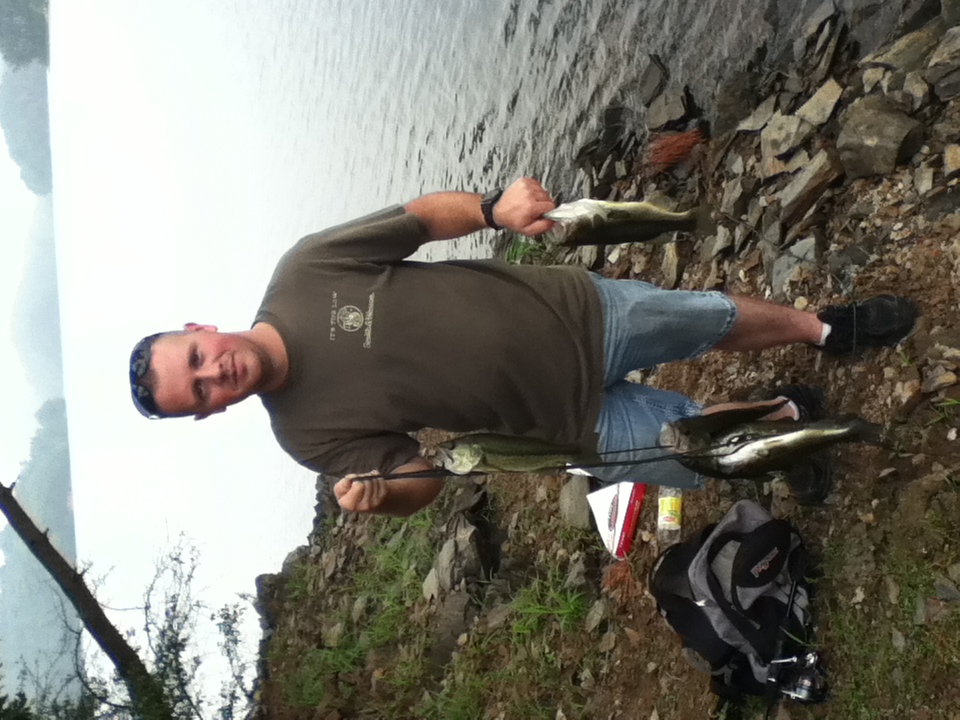 Man holding three fish on a rocky shore next to a body of water