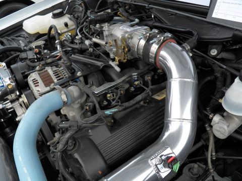 2003 Ford Crown Victoria - Modified Ford V8 engine bay, large polished charge pipe arcing right, blue lower radiator hose, printed dyno card at upper right.