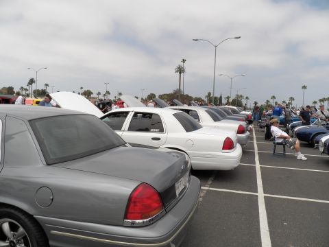 2003 Ford Crown Victoria - Gray Ford Crown Victoria rear in foreground, white Panther sedans with hoods up beside it, blue Cobra roadster replica at right.