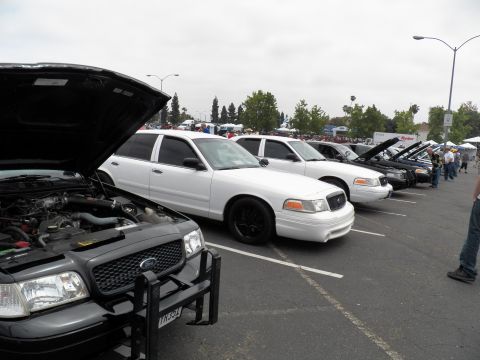 2003 Ford Crown Victoria - Crown Victoria sedans parked diagonally, one black car hood-up showing the engine bay