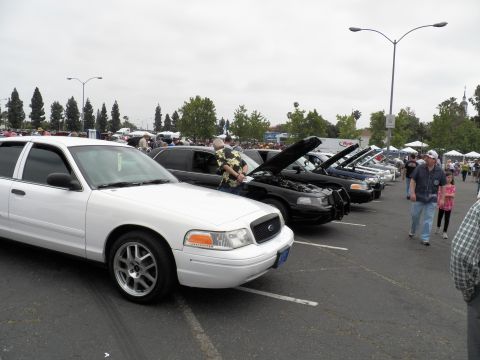 2003 Ford Crown Victoria - White Crown Victoria foreground with hood-up sedans and spectators along the row