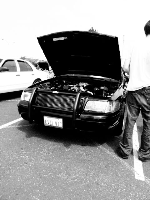 2003 Ford Crown Victoria - Black-and-white shot of an open-hood Ford sedan beside a man in jeans