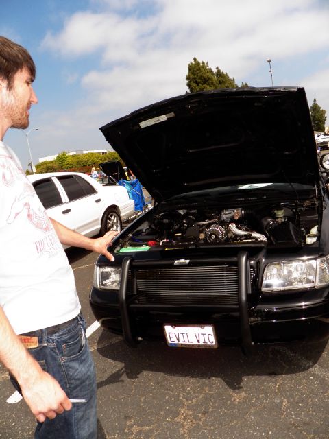 2003 Ford Crown Victoria - Owner gestures toward the engine bay of a black Ford sedan at a meet