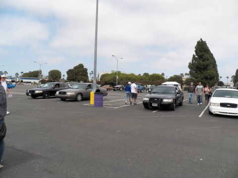 2003 Ford Crown Victoria - Group of black and white Crown Victoria sedans spread across a paved lot with attendees milling about