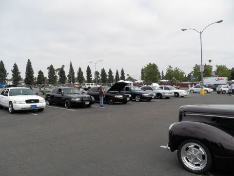 2003 Ford Crown Victoria - Line of Crown Victoria sedans under overcast sky with a black classic hot rod coupe at right