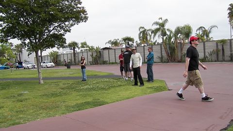 2003 Ford Crown Victoria - People stand and walk on a lawn next to a maroon path, palms and a wall in the background.