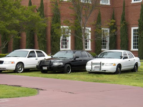 2003 Ford Crown Victoria - Three Crown Victorias including a black car with push bar sit on lawn against a brick facade.