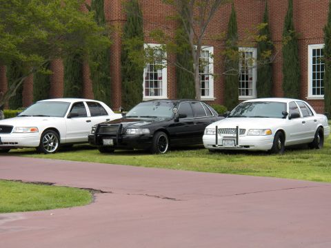 2003 Ford Crown Victoria - Black, white and silver Crown Victorias park on lawn; the black car wears a police push bar.
