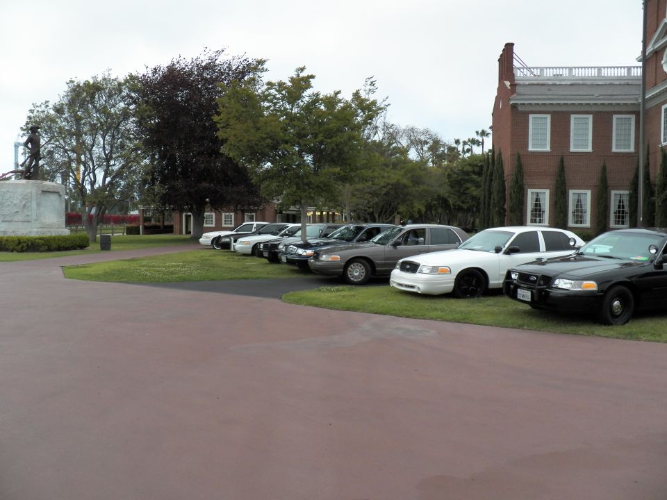Black and white Crown Victoria sedans parked on grass by a brick building