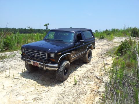1986 Ford Bronco - Black Ford Bronco navigates a dirt path through a grassy field under a clear blue sky.