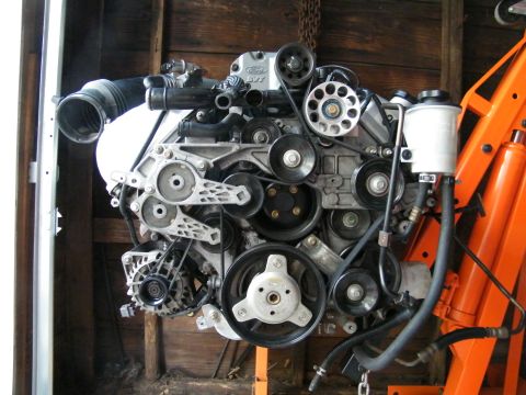 2004 Ford Crown Victoria - A Ford 4.6L V8 engine, likely from a Mustang Cobra, is shown suspended for work.