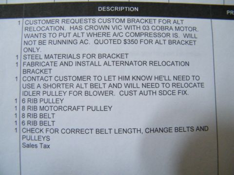 2004 Ford Crown Victoria - This document outlines parts and labor for an alternator relocation service on a Crown Victoria.