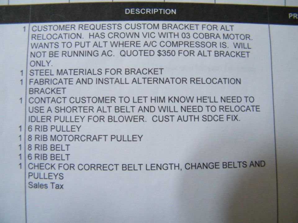 Service document detailing custom bracket for alternator relocation on a Crown Vic with a Cobra motor