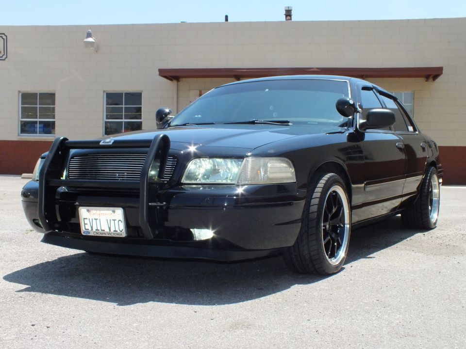 Black Crown Victoria front-quarter, grille guard, EVIL VIC plate
