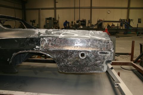 1973 Ford Ranchero - 1973 Ford Ranchero rear section in a workshop, being prepped for paint after body repairs.