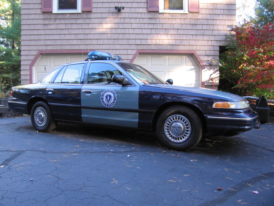 2001 Ford Crown Victoria Massachusetts State Police car parked in driveway